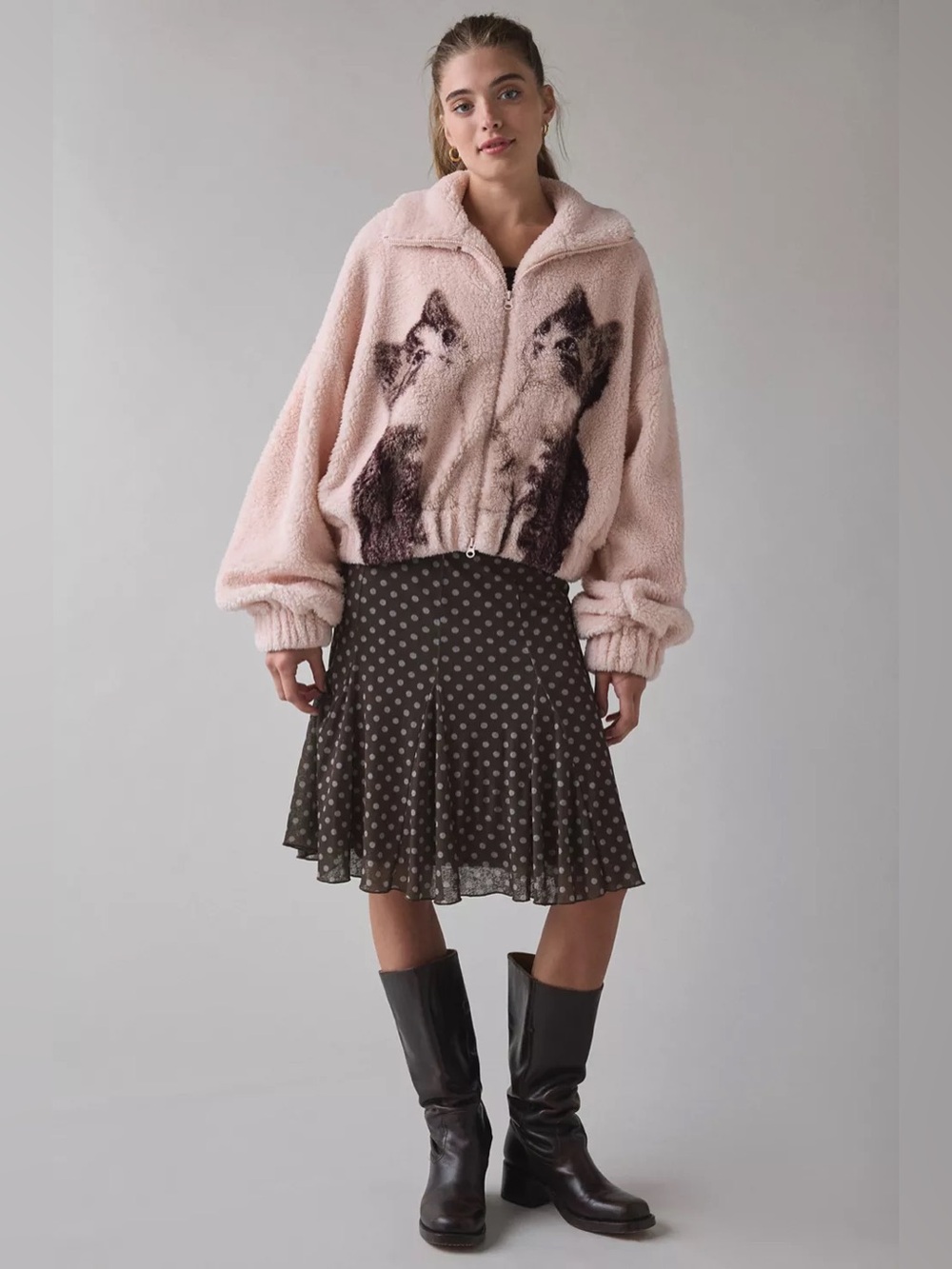 Kimchi Blue Snow Bunny Printed Piled Fleece Zip-Up Jacket - Picture 3 of 11